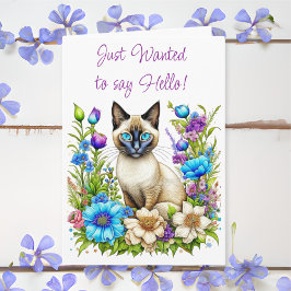 Cartão Ai Watercolor Gato Siamês em Flores