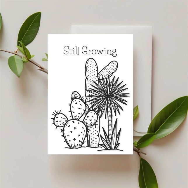 Cartão Ainda Crescendo — Carta de Apoio Desert Ink (Minimal desert botanical support card featuring hand-drawn cactus illustration.)