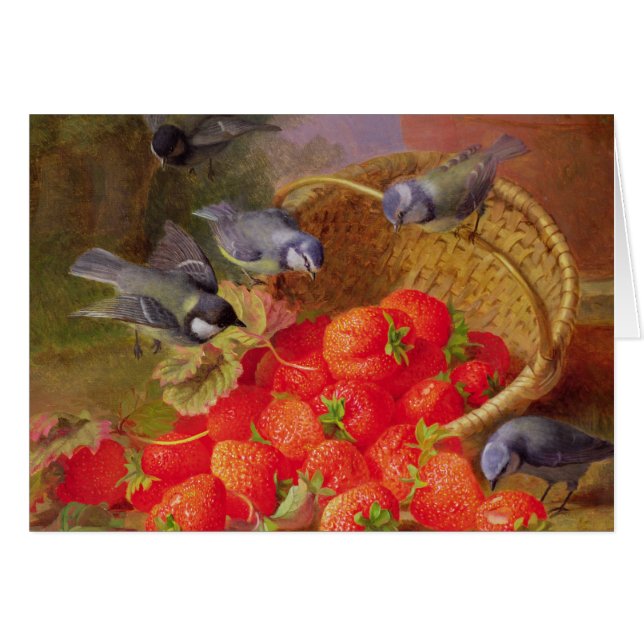 Cartão Ainda vida com morangos e Bluetits (Frente Horizontal)