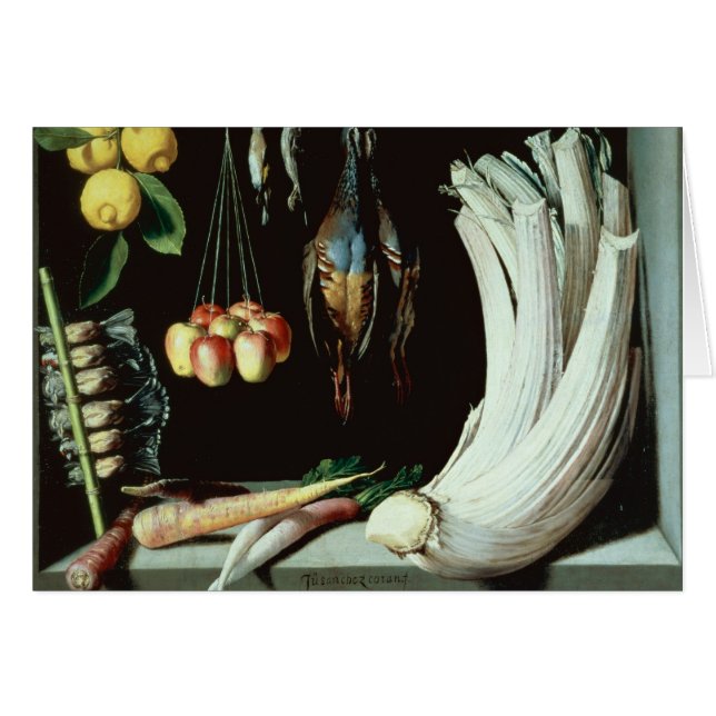 Cartão Ainda vida com pássaros inoperantes, fruta e (Frente Horizontal)
