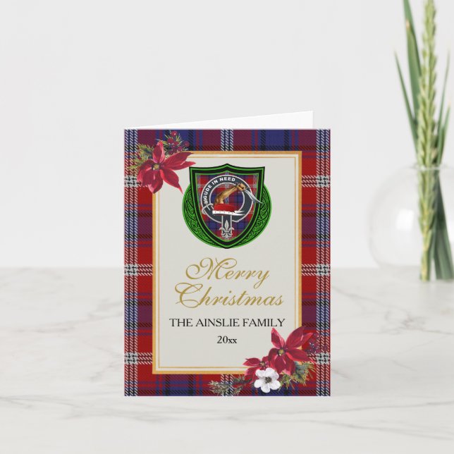 Cartão Ainslie Scottish Clan Tartan & Crest (Frente)