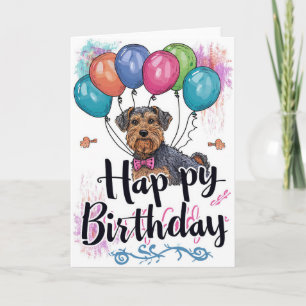 Cartão Airedale com Balões de Aniversário