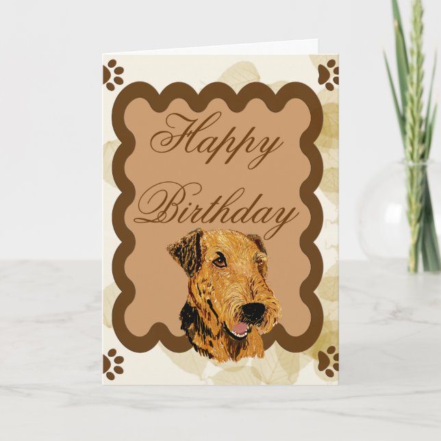 Cartão Airedale Terrier ~ Aniversário, Folhas (Frente)