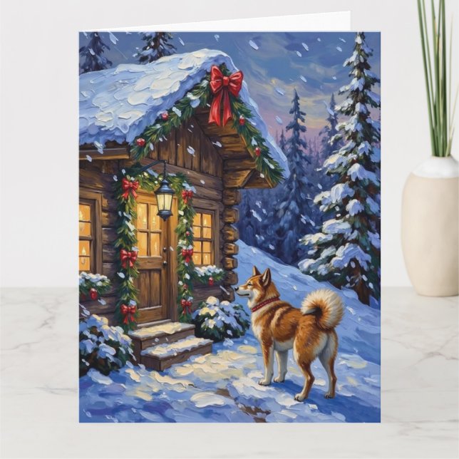 Cartão Akita Dog Christmas Log Cabin Holiday (Frente)