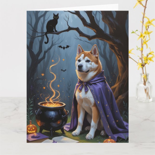Cartão Akita Dog Whimsic Halloween Painting (Flor Amarela)