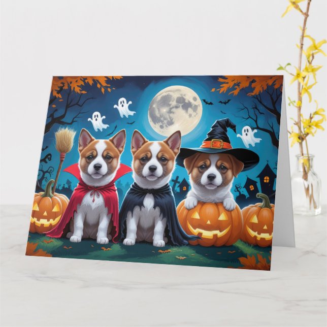 Cartão Akita Dogs Pumpkin Halloween Engraçado (Flor Amarela)