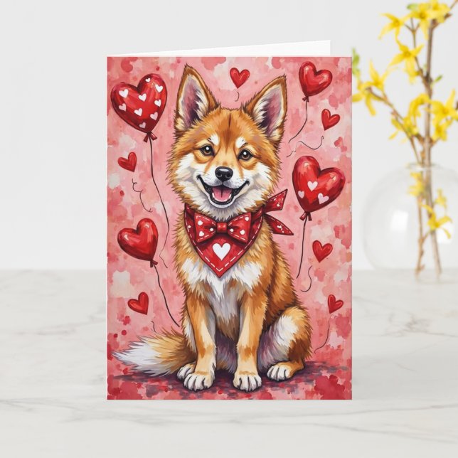 Cartão Akita Valentine’s Day Dog with Hearts Red (Flor Amarela)