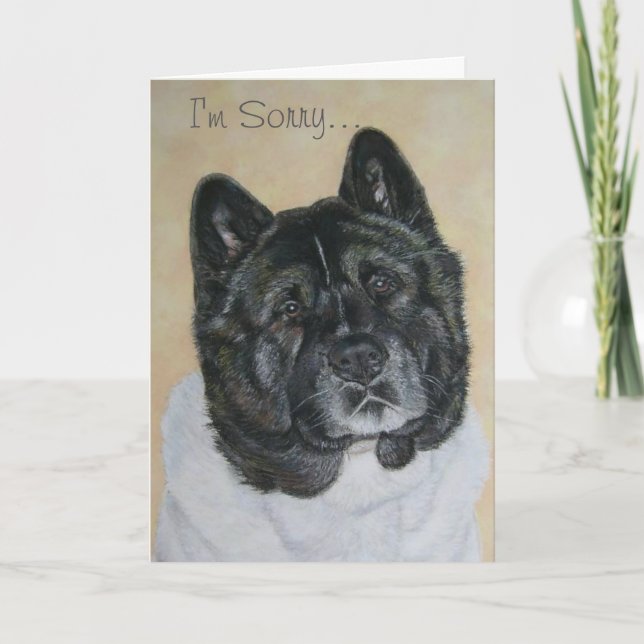 Cartão akita with black brindle head dog saying sorry (Frente)
