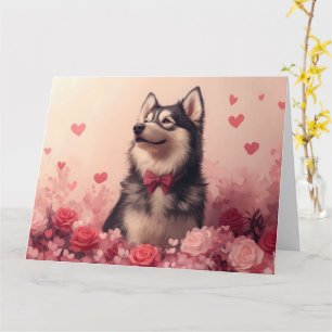 Cartão Alaskan Malamute com Rosas - Dia de os namorados