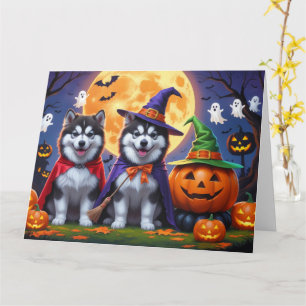 Cartão Alaskan Malamute Dogs Pumpkin Halloween Engraçado