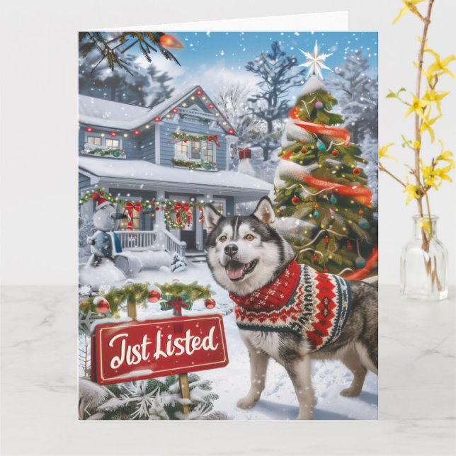Cartão Alaskan Malamute Festivo Humor Realtor Natal (Flor Amarela)