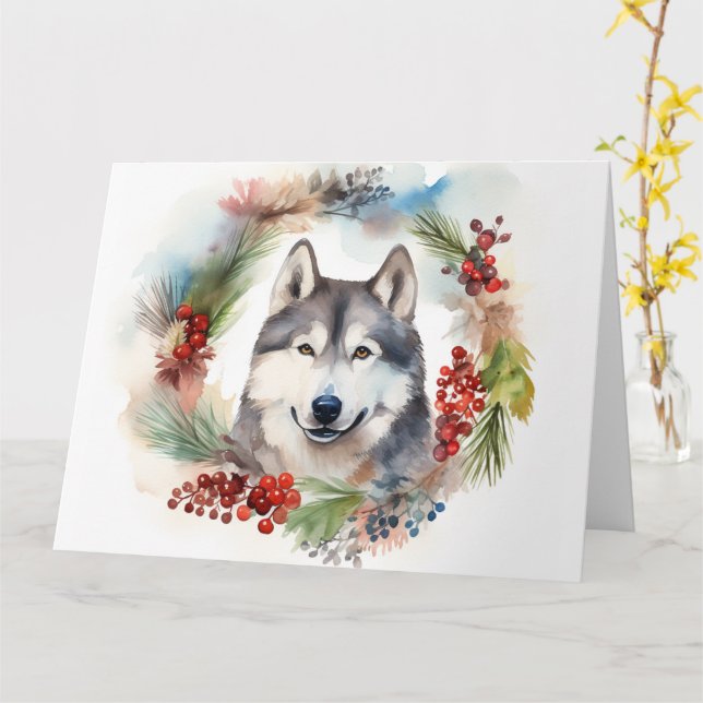 Cartão Alaskan Malamute, Festivo Wreath Christmas Pup (Flor Amarela)