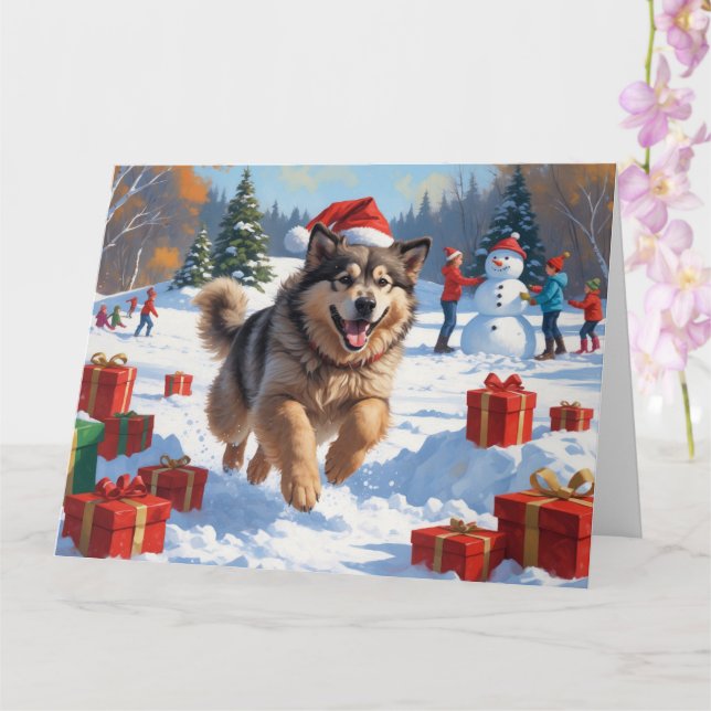 Cartão Alaskan Malamute Natal Cena de Neve Festiva (Orquídea)