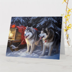 Cartão Alaskan Malamute Snowy Sleigh no Natal