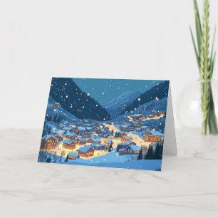 Cartão Aldeia coberta por neve com luzes