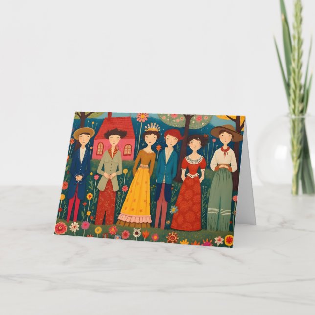 Cartão Aldeia de Arte Folclórica e Aniversário do Pessoas (Frente)