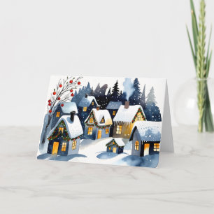 Cartão Aldeia de Inverno Aconchegante Aquarela Natal Feli
