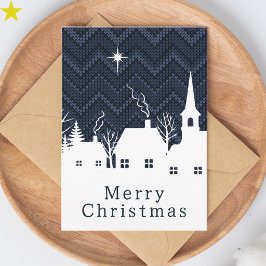 Cartão Aldeia de Natal em Tricô Azul Chevron Rústico