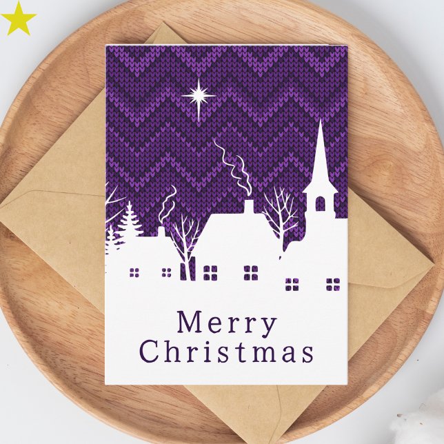 Cartão Aldeia de Natal em Tricô Chevron Roxo Rústico (Criador carregado)