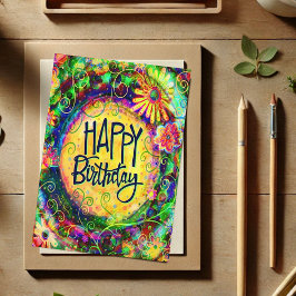 Cartão Alegre Feliz Aniversário Diversão Floral Amarelo