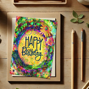 Cartão Alegre Feliz Aniversário Diversão Floral Amarelo