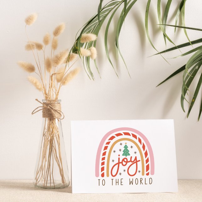 Cartão Alegria ao Mundo do Arco-Íris Rosa Natal (Joy to the World Cute Rainbow Christmas Card Illustrated Greeting Card Non Photo Card)