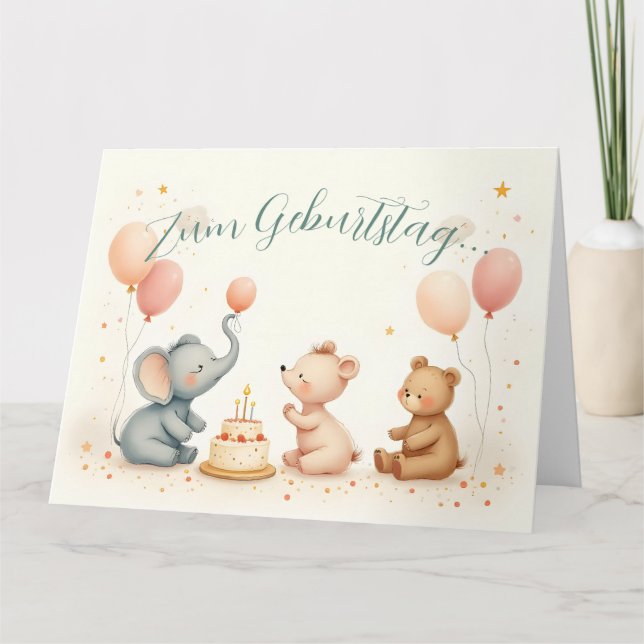 Cartão Alegria de aniversário animal com balões (Frente)