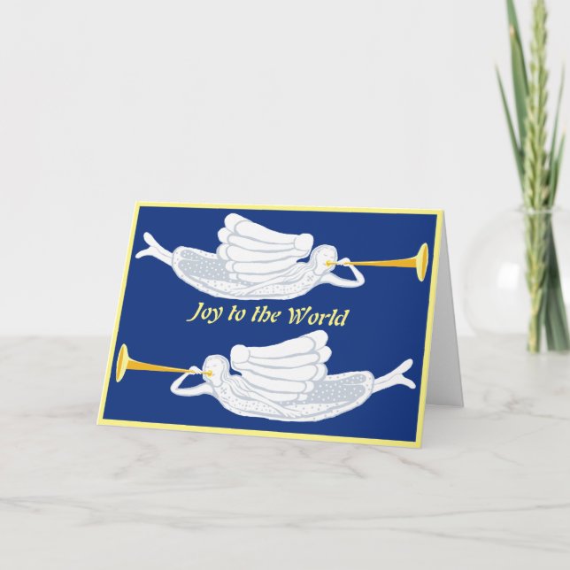 Cartão Alegria para o Mundo anjos de Natal com trombetas (Frente)