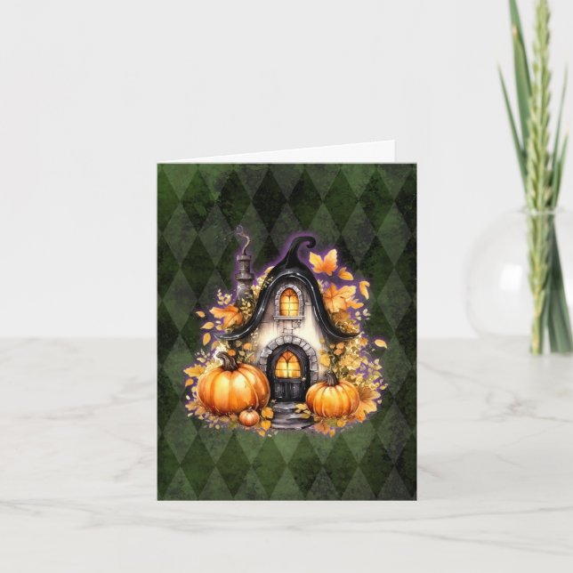 Cartão Algodão Gótico de Queda de Halloween Verde Argyle (Frente)