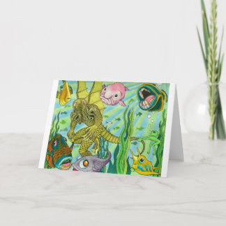 Cartão Alienígena tentando impedir Cthulhu de nadar à esq