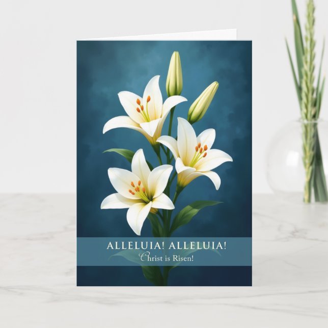 Cartão Alleluia Religious Easter Lilies Blue Background (Frente)