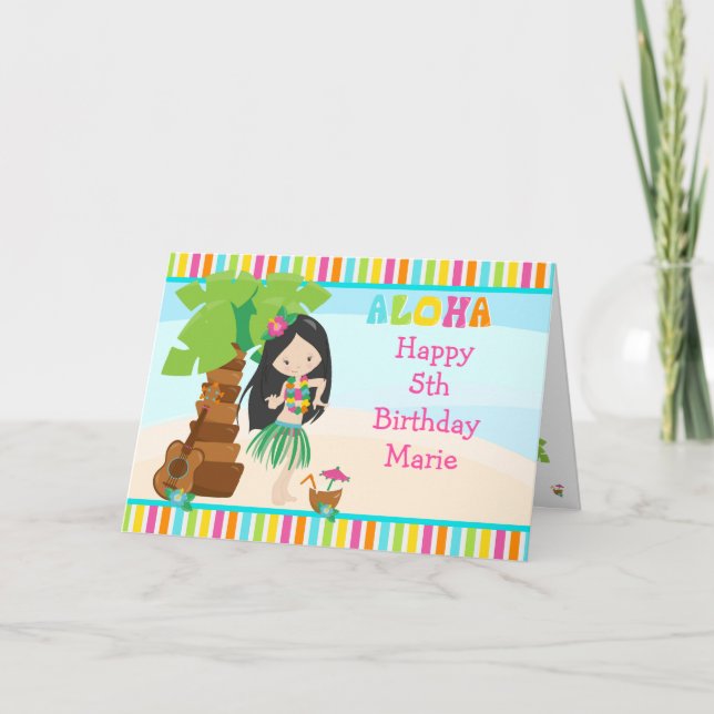 Cartão Aloha Black Hair Girl Birthday (Frente)