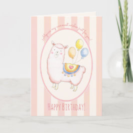 Cartão Alpaca em Aquarela com Balão Rosa Bege de Aniversá