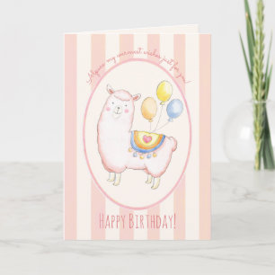 Cartão Alpaca em Aquarela com Balão Rosa Bege de Aniversá