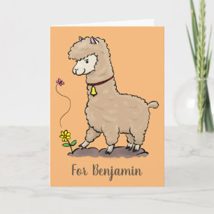 Cartão Alpaca feliz e giro com cartoon de borboleta