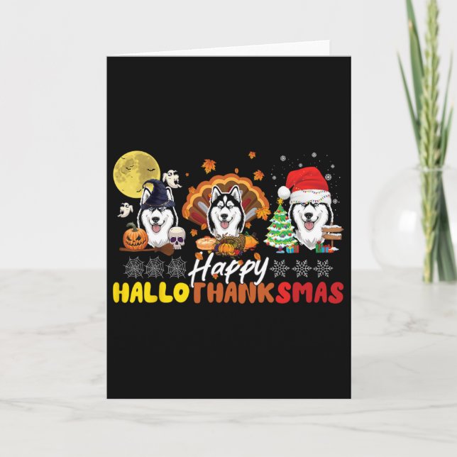 Cartão Amante de cachorro Husky feliz Hallothanksmas feli (Frente)