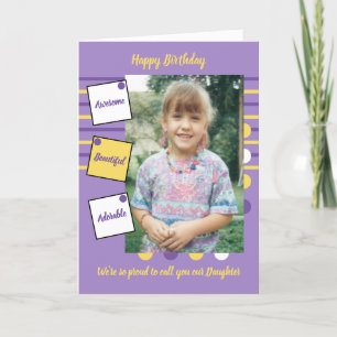 Cartão Amarelo roxo e branco com fotografia Filha