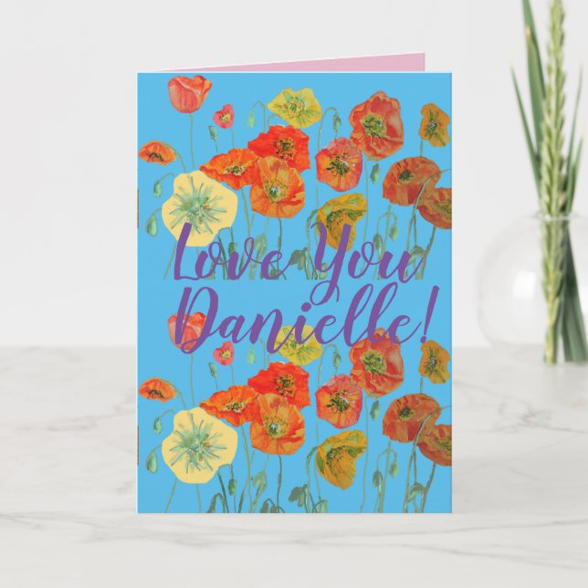 Cartão Ame Você Nome Wife Red Poppy Watercolor Card (Frente)