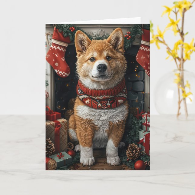 Cartão American Akita com Lareira de presentes de Natal (Flor Amarela)