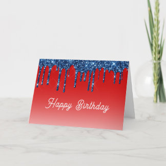 Cartão Americana Red Blue Glitter Drip Birthday