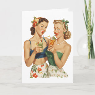 Cartão Amigas de Coquetel de Verão Pin-Up Vintage