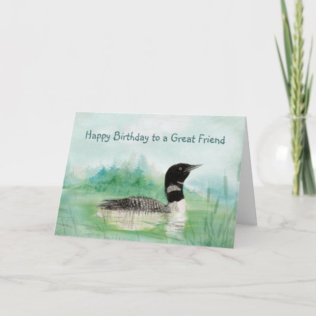 Cartão Amigo Birthday Watercolor Loon Bird Nature Art (Frente)