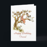 Cartão Amigo do feliz aniversario<br><div class="desc">Este cartão de aniversário é perfeito para um amigo especial que você compartilhe tanto com. Este é um Kate re-colorido Greenaway, imagem do vintage de duas meninas em vestidos do Victorian e de capotas que sentam-se no membro de uma árvore de maçã. O texto na parte dianteira e no interior...</div>