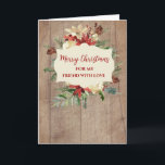Cartão Amigo Natalino de Aquarela Rústica<br><div class="desc">Natal Feliz para cartão de amigo em padrão de madeira rústica e flores e folhagens de aquarela.</div>