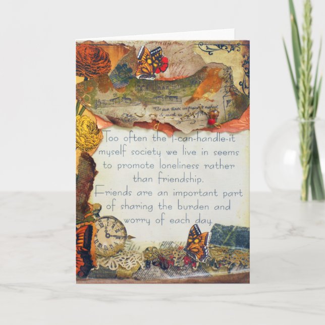 Cartão Amigos Borboletas Flores Multimédia Colagem de Míd (Frente)