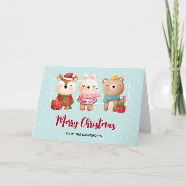 Cartão Amigos de Natal - Urso da Rena e Coelho (Frente)