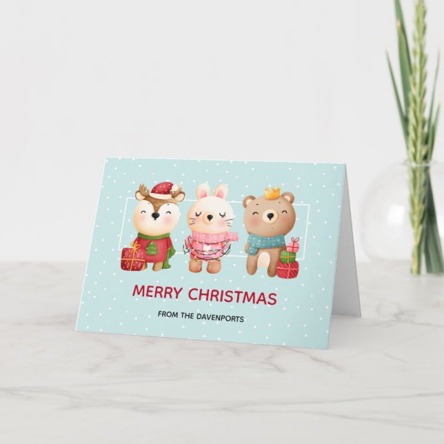 Cartão Amigos de Natal - Urso da Rena e Coelho de Férias (Frente)