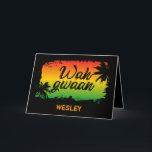 Cartão Amigos jamaicanos Wah Gwaan Rasta coloridos<br><div class="desc">Cartão de saudação Legal impresso com a frase jamaicana Wah gwaan sobre silhuetas de palmeiras tropicais em um pôr do sol desbotado e colorido</div>