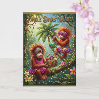 Cartão Amigos Macacos de Natal Festivo Selva Tropical