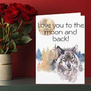 Cartão Amo você até a Lua e de Volta Lobo Aquarela